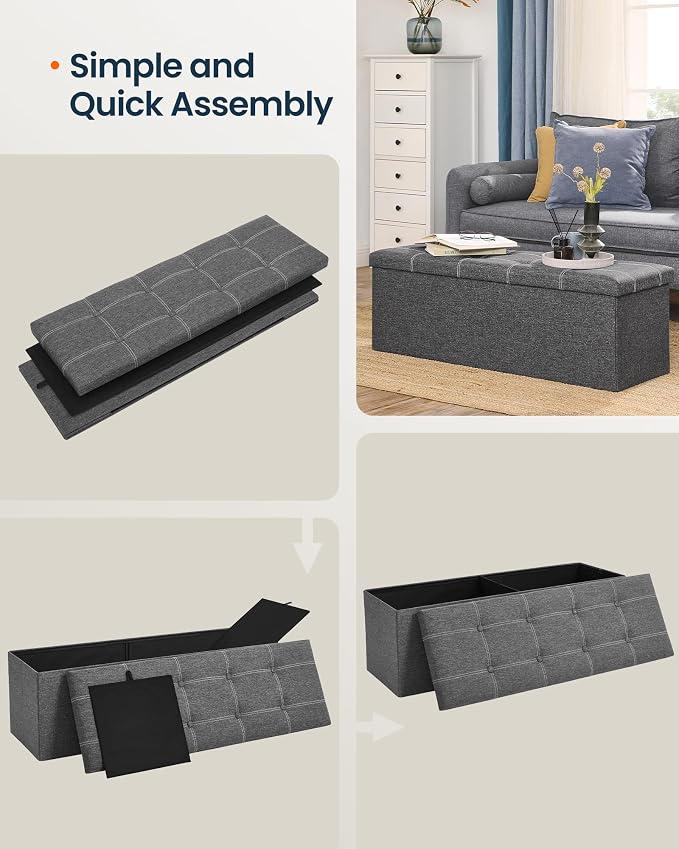 SONGMICS Home Storage Ottoman, 35 Gallons End of Bed Bench, 15.2 x 43.2 x 15.2 Inches, for Bedroom, Entryway, Living Room, Dark Gray