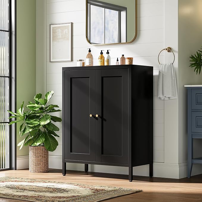 Bevivog Small Bathroom Storage Cabinet, Black Metal Locker Cabinet with 2 Doors and 2 Adjustable Shelves, Metal Floor Cabinets Sideboard for Home Office, Living Room, Hallway, Entryway
