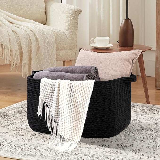 OIASKET Large Blanket Basket, Black Blanket Storage Living Room, Rectangle Woven Baskets for Storage Toys, Towels, Dirty Clothes Organizer Bins (Black)