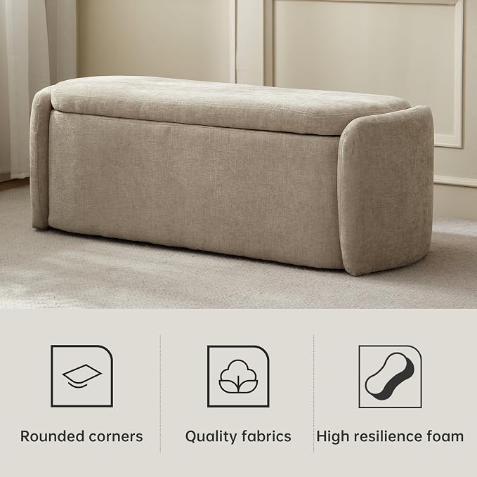 VKNOW Storage Bench, Upholstered Storage Ottoman Bench with Hinge, Khaki | Ottoman Bench with Large Capacity, Curved Frame, Soft Fabric, Storage Bench for Bedroom, Living Room, Entryway, Window