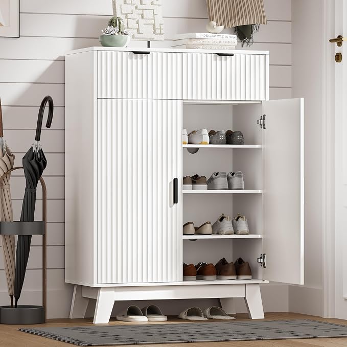 HUANLEGO Shoe Cabinet Storage for Entryway with Doors, White | 4 Tier Fluted Shoe Organizer with 2 Drawers, Shoe Storage with Adjustable Shelves, Freestanding Hidden Shoe Rack for Entryway