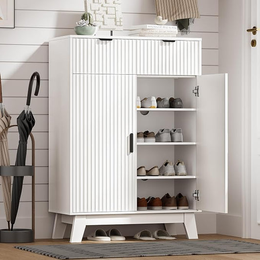 HUANLEGO Shoe Cabinet Storage for Entryway with Doors, White | 4 Tier Fluted Shoe Organizer with 2 Drawers, Shoe Storage with Adjustable Shelves, Freestanding Hidden Shoe Rack for Entryway