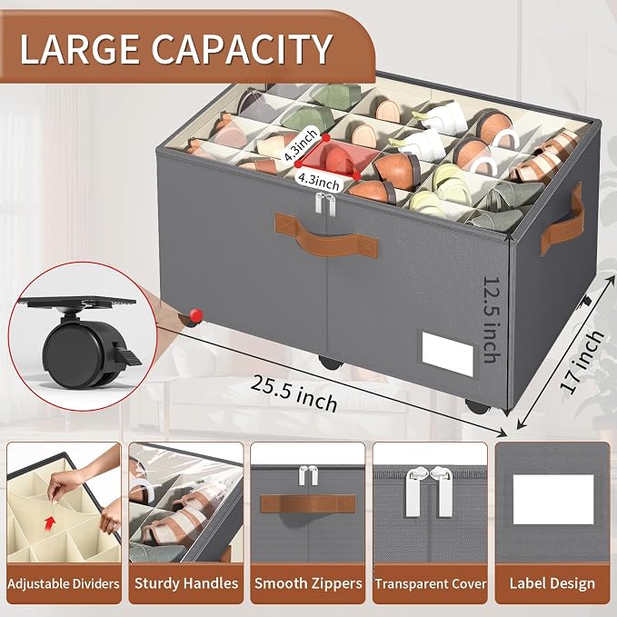 Foyego Shoe Organizer for Closet, Shoe Storage with Wheels, Gray | Fits 24 Pairs, with Adjustable Dividers and Clear Cover, Saving Space Foldable Fabric Closet Shoe Storage Organizer Box Bins