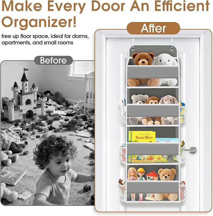 Over The Door Organizer Storage behind Door Hanging Organizer for Nursery | 4 Tier, 6 Side Pockets, Clear Window, Sturdy Construction, Space-Saving Storage for Closet, Bedroom, Bathroom & Nursery