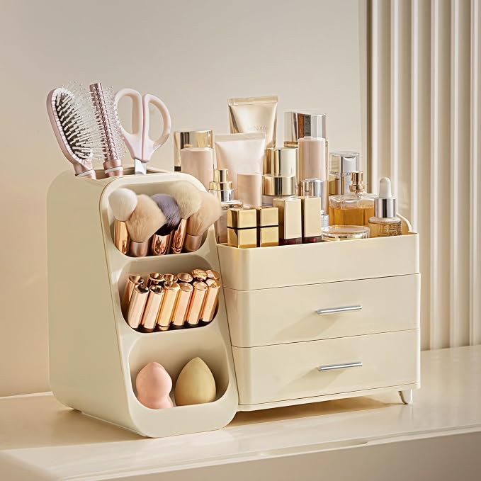 HBlife Makeup Organizer with Brush Holder for Vanity, Large Plastic Bathroom Countertop Organizer Skin Care Storage, Easy to Store Lipsticks, Nail Polishes, Perfumes, Eyeshadow Palettes, All Beige