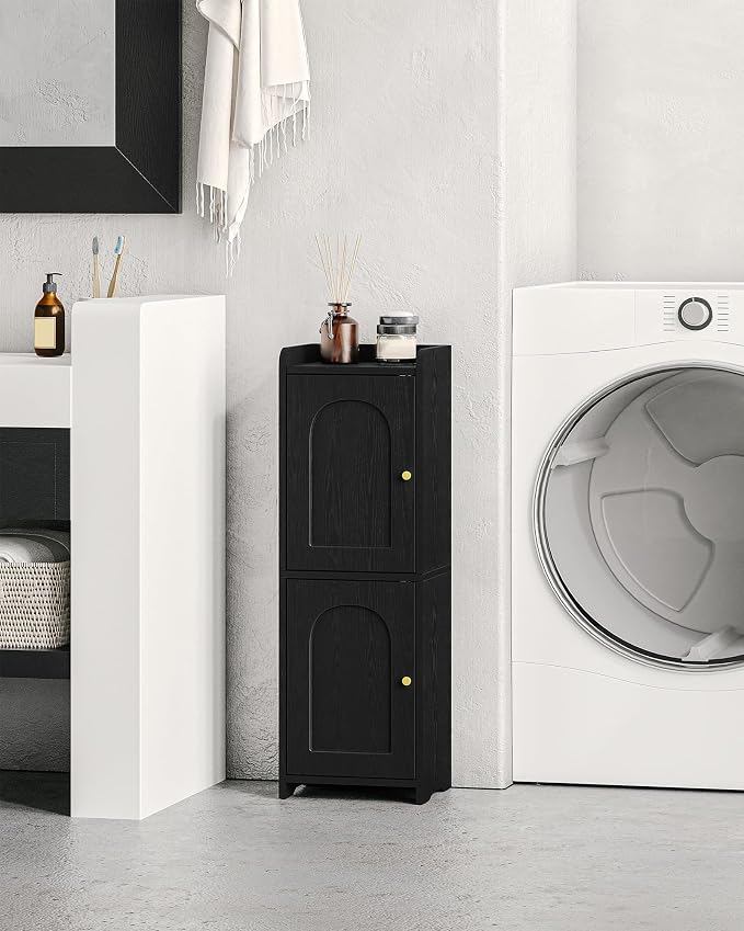 Hzuaneri Bathroom Storage Cabinet, Small Corner Floor Cabinet with 2 Doors | Narrow Toilet Paper Cabinets with Adjustable Shelf, Bathroom Organizer for Small Spaces, 7.9" D x 9.8" W x 29.5" H Black