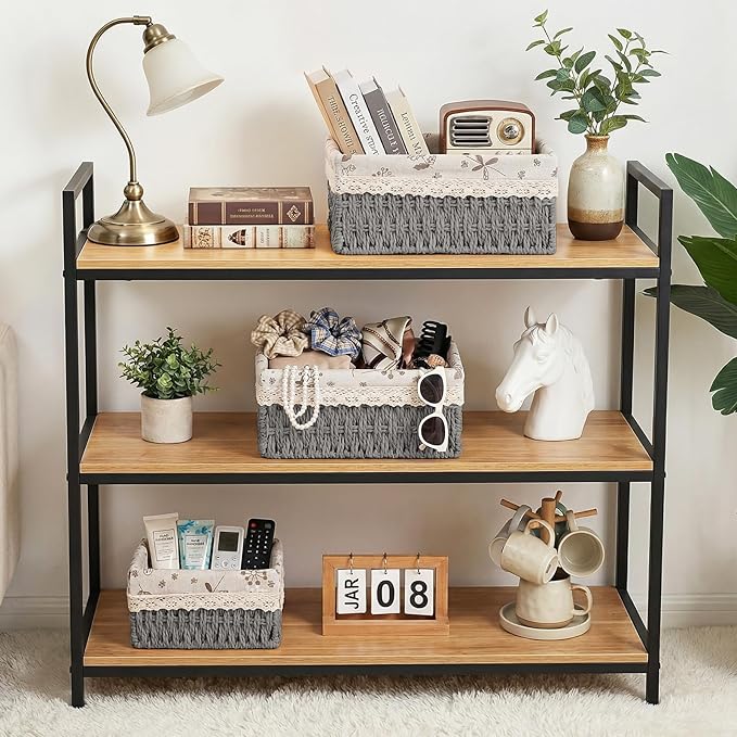 Wicker Storage Baskets, Handwoven Paper Rope Organizer Bins with Removable Floral Liner, Large for Bathroom, Pantry, Shelf, Countertop, Closet (Gray, L)