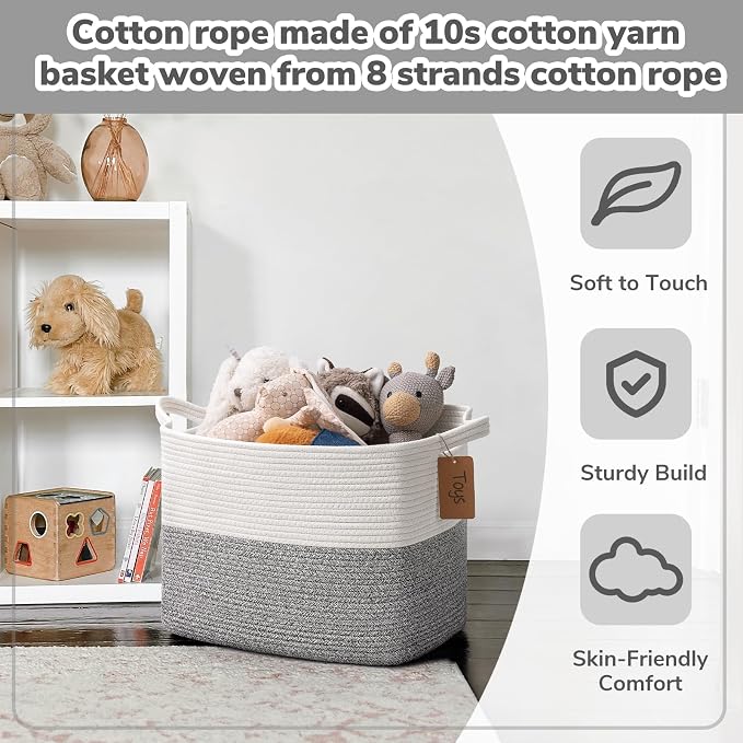 Goodpick Woven Storage Basket with Handles, Cotton Rope, Light Gray | 50L, 18 x 14 x 12 in, Rectangle, Blankets, Toys & Home Essentials Storage, Living Room, Bedroom & Nursery Organization