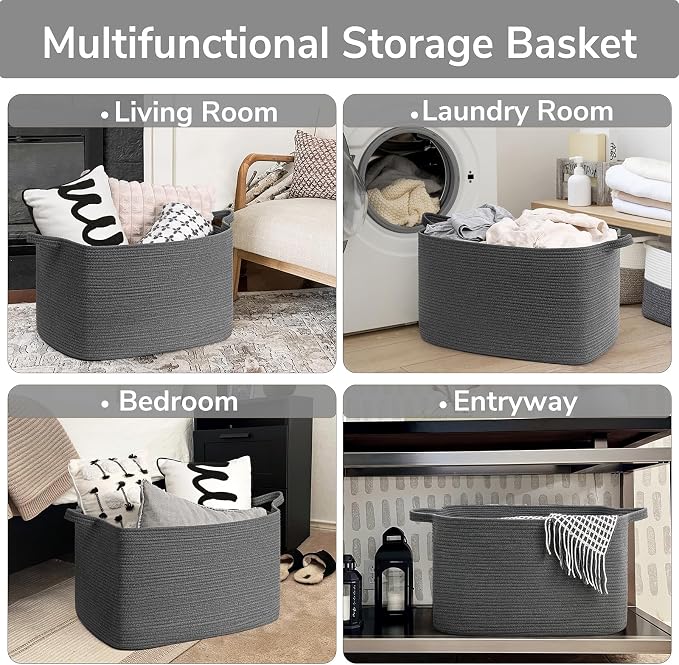 Goodpick Extra Large Woven Storage Basket, Cotton Rope, Dark Gray | 85L, 23.6 x 15.7 x 13.8 in, Living Room, Bedroom & Nursery Organization, Blankets, Clothes, Toys & Pillows Storage