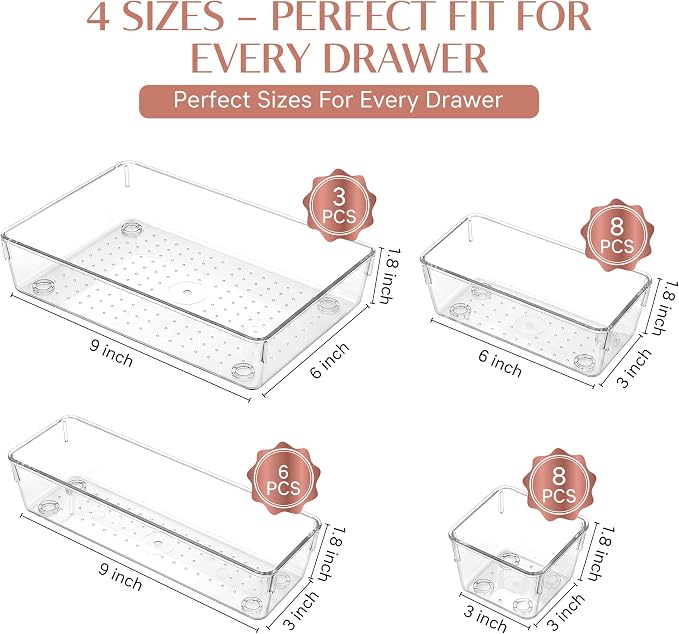 Zanora 25 PCS Clear Plastic Drawer Organizer Set, Drawer Dividers Organizers with 4 Sizes Storage Trays, Bathroom Drawer Organizers Makeup, Vanity Drawer Organizer, Desk & Kitchen Storage Bins