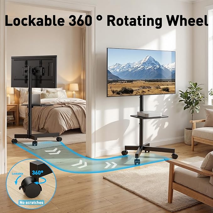PERLESMITH Rolling TV Stand for 23-63 Inch Flat/Curved Screen TVs up to 88 lbs, Mobile TV Stand on Wheels, Portable TV Stand with Tilt & Height Adjustable,Outdoor TV Stand Max VESA 400x400mm