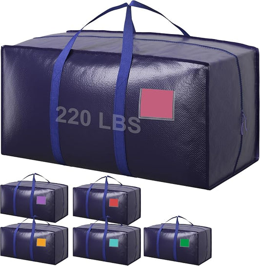 6 Pack Moving Bags Heavy Duty 210GSM with Full-Open Side Zipper, 93L 220lbs Waterproof Foldable Storage Totes for College Dorm Move-In, Moving Boxes Alternative & Home Organization, Blue