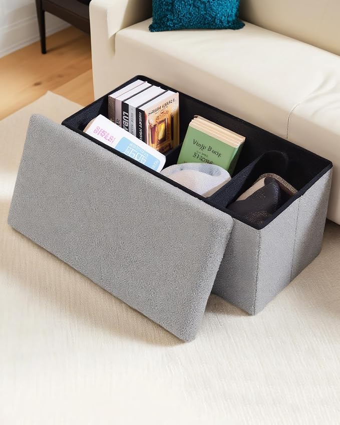 30 Inch Storage Ottoman Bench, Boucle Folding Ottoman Footstool, Rectangular Sherpa Footrest Storage Bench for Bedroom, Living Room, Entryway, Dorm, Grey
