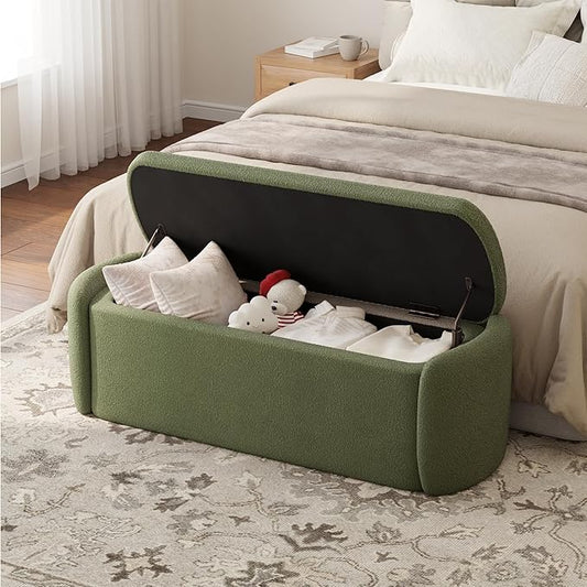 VKNOW Storage Bench, Upholstered Storage Ottoman Bench with Hinge, Green | Ottoman Bench with Large Capacity, Curved Frame, King Size Bench, Storage Bench for Bedroom, Living Room, Entryway, Window