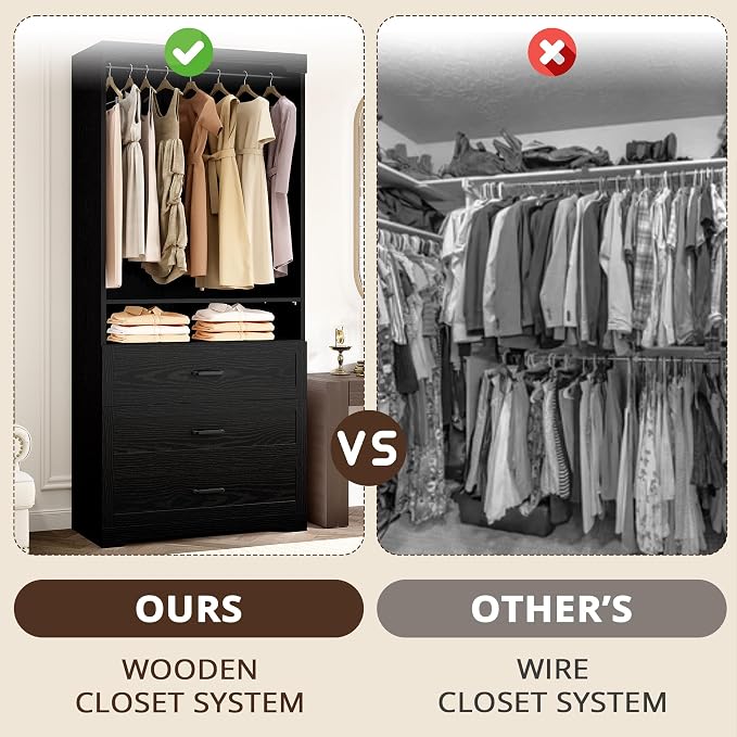 IRONCK Freestanding Closet System with Adjustable Shelves & 3 Drawers | Modern armoire wardrobe with adjustable shelves & hanging rod, walk-in closet organizer for small spaces, space-saving design