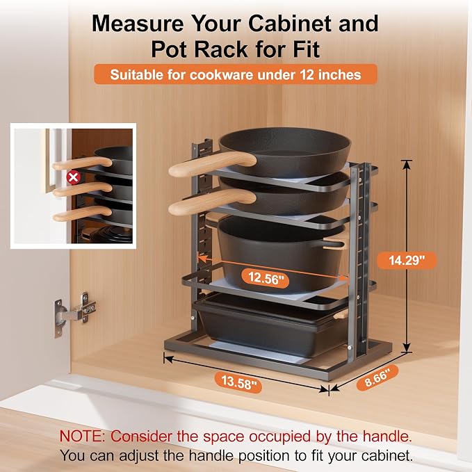 LAMU Pots and Pans Organizer for under Cabinet, 4-Tier Heavy Duty Pan Pot Organizers inside Cabinet, Adjustable Pot Rack Kitchen Cabinet Organization and Storage Holds up to 12" Cookware
