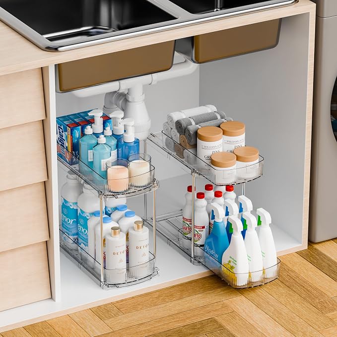 3 Pack 13.8″ Deep 2 Tier Under Sink Storage Organizer,Large Pull Out Bathroom Organizers and Storage,Slide Out Acrylic Undersink Storage Shelf,Kitchen Under Sink Organizer for Cleaning Products