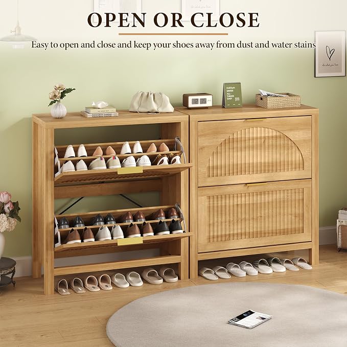 Fluted Shoe Cabinet Storage with 2 Flip Drawers for Entryway, Hallway | Hidden Shoe Rack Slim Freestanding Hidden Shoe Organizer for Foyer, Hallway, Living Room, Oak