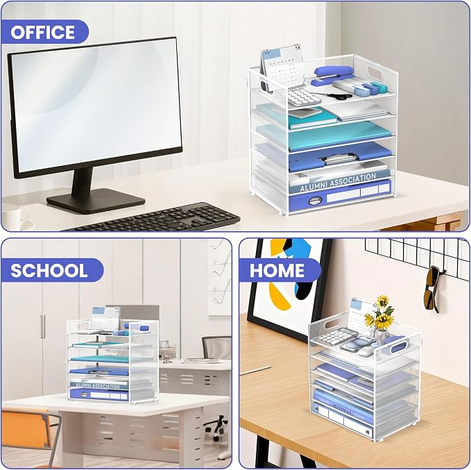 Daltack 6-Tier Paper Organizer for Desk with Handle, White, 2 Pack | Sturdy Metal Mesh Organizer with Movable Middle Trays and a Carry Handle for Papers, Folders and Office Supplies