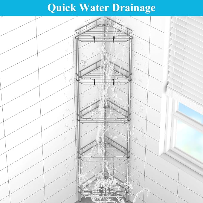HuggieGems 5 Tier Floor Standing Corner Shower Caddy Organizer Shelf with Hooks, Bathroom Shelves Stand Rack, Gray