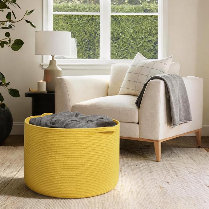 Extra Large 115L Yellow Basket, 23.6" x15.7 Cotton Rope Yellow Decor for Living Room Bedroom, Woven Basket for Blanket, Laundry, Towel, Shoe, Kids Toy Box Organizer, Room Decor Storage Bin