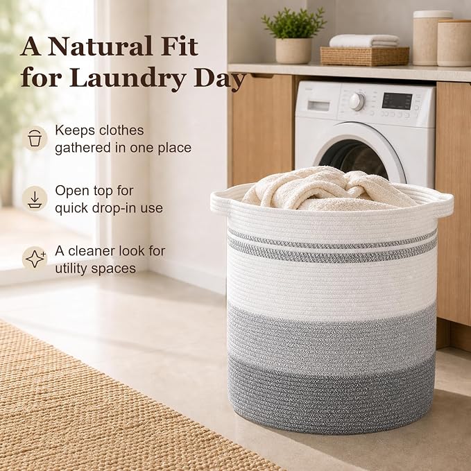 OIAHOMY 80L Laundry Hamper with Handles,Decorative Basket for Living room,Woven Storage Basket for Toys Bin,Pillows, Blankets,Clothes-20x18in-Gradient Gray