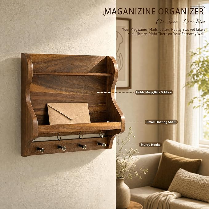 Acacia Wood Mail Organizer Wall Mount with 7 key Hooks Home Decor, Brown | Decorative Mail Holder for Wall, Key Hanger for Sunglasses and Wallets, Rustic Magazine Holder for Paper Storage, Living Room