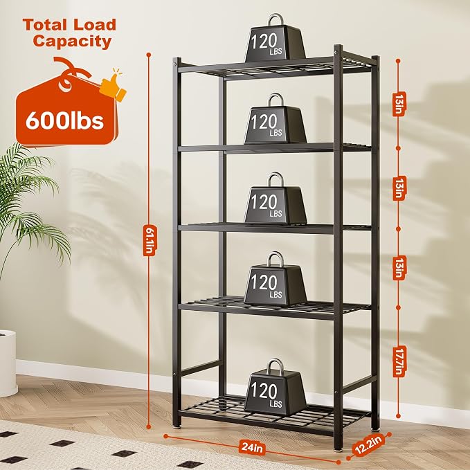 Storage Shelves, 5-Tier Metal Shelving Unit with 120 lbs Per Shelf, Leveling Feet, Storage Rack for Garage, Kitchen, Pantry, Closet, 24" x 11.8" x 61.1", Black