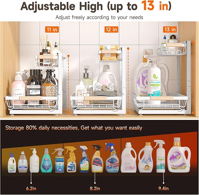 Sevenblue 2-Pack 2-Tier Height Adjustable Under Sink Organizer & Storage | Multi-purpose storage for kitchen & bathroom cabinet. Large white shelf, height adjustable design for space-saving.