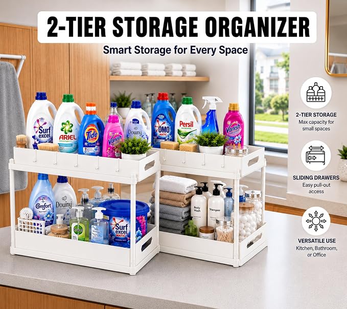 Expandable Under Sink Organizer_2 Tier Under Cabinet Organizer - Double Pull Out Shelf Under Sink Storage for Kitchen, Bathroom and Laundry Room - Multipurpose Space Saving Organizer (White)