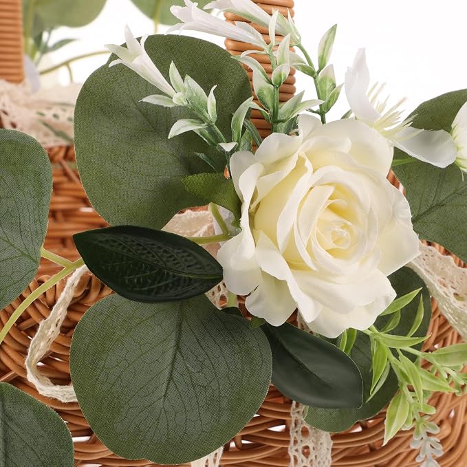 Totority Woven Storage Basket with Handle, Decorative Picnic & Fruit Basket for Home, Farmhouse Decor | Includes Faux Flower Accent | Multi-use Organizer for Kitchen, Dining, Or Display