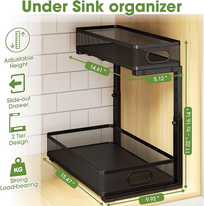 Under Sink Organizer 2-Pack, Metal 2-Tier Pull-Out Cabinet Shelf with Slide-Out Mesh Drawers, Height Adjustable, Space-Saving Under Sink Storage Racks for Kitchen, Bathroom, Laundry Room