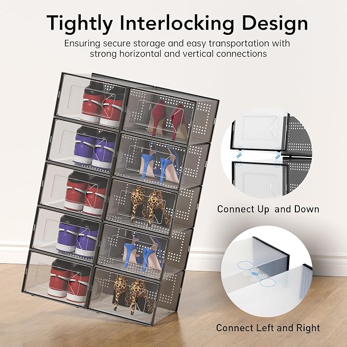 Foluck X-Large 15 Pack Shoe Storage Organizer Box Clear Plastic Stackable | Interlocking Design, Sturdy Dustproof Breathable, Fits Men's Size 10 Women's Size 11, for Closet Entryway Under Bed
