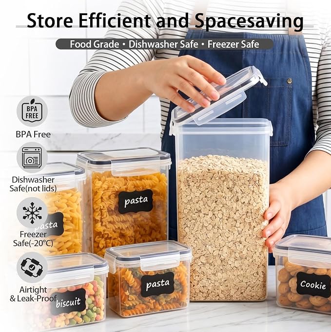 15PC Pantry Storage Containers, Airtight Food Storage Containers with Lids, BPA Free Kitchen and Pantry Organization and Storage Set for Pasta, Dry Food, Flour and Sugar, Cereal