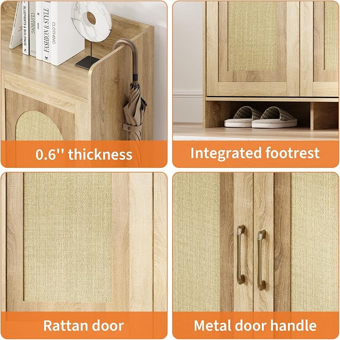 Garvee Shoe Cabinet Storage for Entryway, Rattan Shoe Rack with 3 Doors | Farmhouse Boho Wood Shoe Organizer Cabinet for Entrance Hallway Living Room Foyer