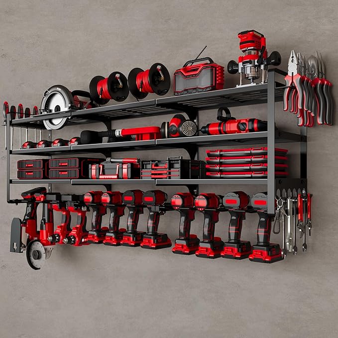 NattyDot Power Tool Organizer Wall Mount, 48-Inch 12 Drill Holders, Black | Extra-wide 48-inch Heavy-duty Wall Rack Stores 12 Cordless Drills and Assorted Tools, Maximizing Garage and Workshop Storage
