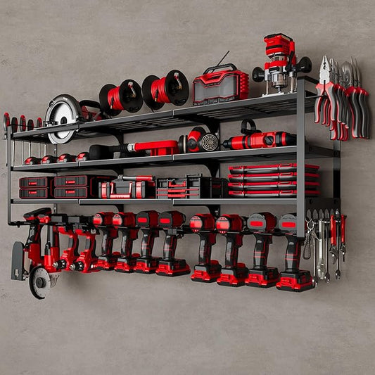 NattyDot Power Tool Organizer Wall Mount, 48-Inch 12 Drill Holders, Black | Extra-wide 48-inch Heavy-duty Wall Rack Stores 12 Cordless Drills and Assorted Tools, Maximizing Garage and Workshop Storage
