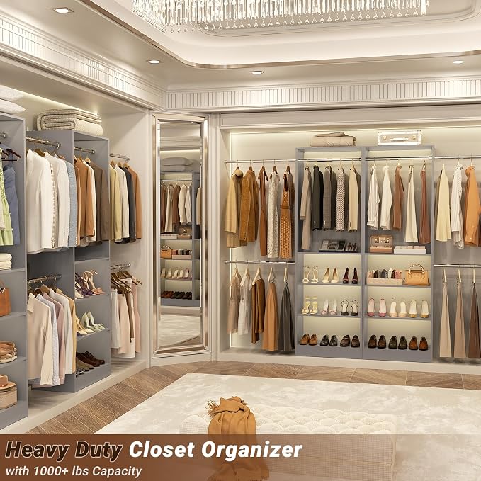 Closet System, 4.5-11.5 Ft Expandable Closet Organizer, Gray | 5 Hanging Rods, Walk-in Wood Closet Organizer System with Storage Tower, Heavy Duty Garment Rack Wardrobe for Bedroom