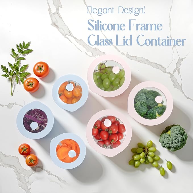 Glass Food Container Set with Glass Lid, 6 Pack, Meal Prep Containers with Silicone Framed Airtight Lid, Leakproof, 100% Plastic Free,