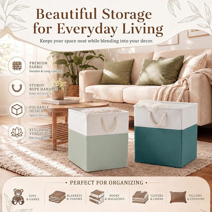 Geiserailie 6 Pcs 13 x 13 Inch Cube Storage Bins Fabric Storage Organizer Bins Foldable Cube Baskets with Sturdy Carry Handles Wicker Baskets for Home(Green, Color Block)