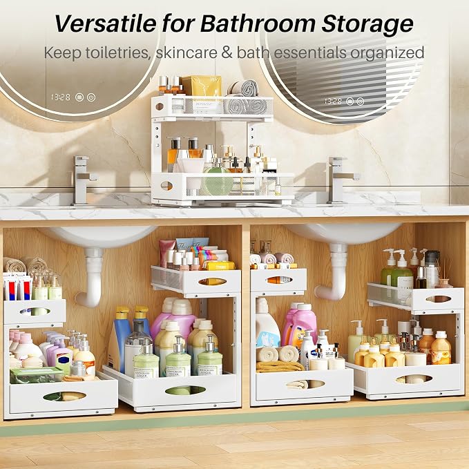 Under Sink Organizer, 2-Pack Pull Out Cabinet Organizer 2 Tier Metal Slide Out Storage Shelf Rack, L-Shaped Adjustable Height,Mesh Sliding Drawer for Kitchen, Bathroom, Laundry, Pantry, White, XL