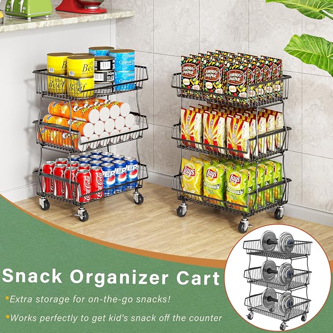 OKZEST Pantry Organizers and Storage Cart with Upgraded Metal Hub Casters | Fits under pantry shelf, Stackable fine-mesh wire baskets, 3-Tier rolling cart holds drink, snack, can, potato, onion, fruit