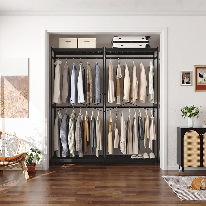 Bamboo Clothes Rack with Shelves and Double Hang Rods, Portable Closet System Garment Rack for Hanging Clothes, Tall Clothing Rack Corner Closet Organizer, Easy to Built, Freestanding, Black