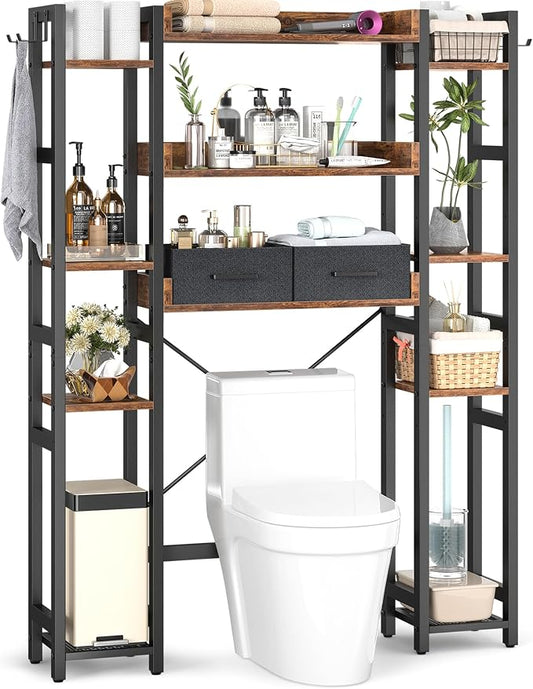 Besiost Over The Toilet Storage, 11 Tier Bathroom Organizer with Dual Side Racks and 2 Fabric Drawers, Adjustable Freestanding Rack Space Saver for Small Spaces, Rustic Brown