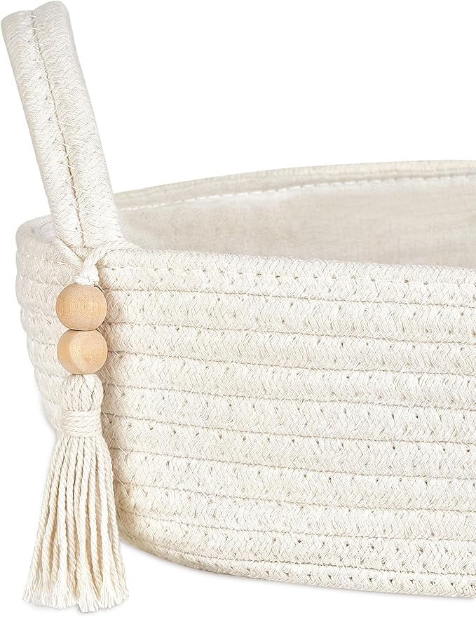Mkono Toilet Paper Basket, Boho Bathroom Decor, Small Storage Organizer | White, 13"L x 6"W, Back of Toilet Basket, Decorative Woven Tray with Handles, Space-Saving, Living Room Bedroom, 1 Pack