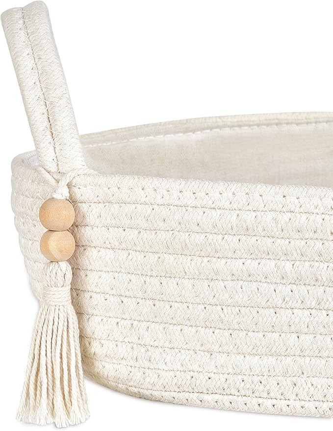 Mkono Toilet Paper Basket, Boho Bathroom Decor, Small Storage Organizer | White, 15.7"L x 6"W, Back of Toilet Basket, Decorative Woven Tray with Handles, Space-Saving, Living Room Bedroom, 1 Pack