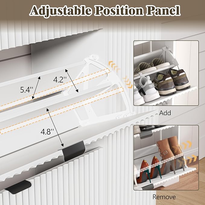 Shoe Cabinet Storage for Entryway with 3 Flip Drawers & Side Cabinet, Fluted Narrow Shoe Organizer with Wooden Leg, Freestanding Shoe Storage Hidden Shoe Rack Organizer for Front Door Entrance, White