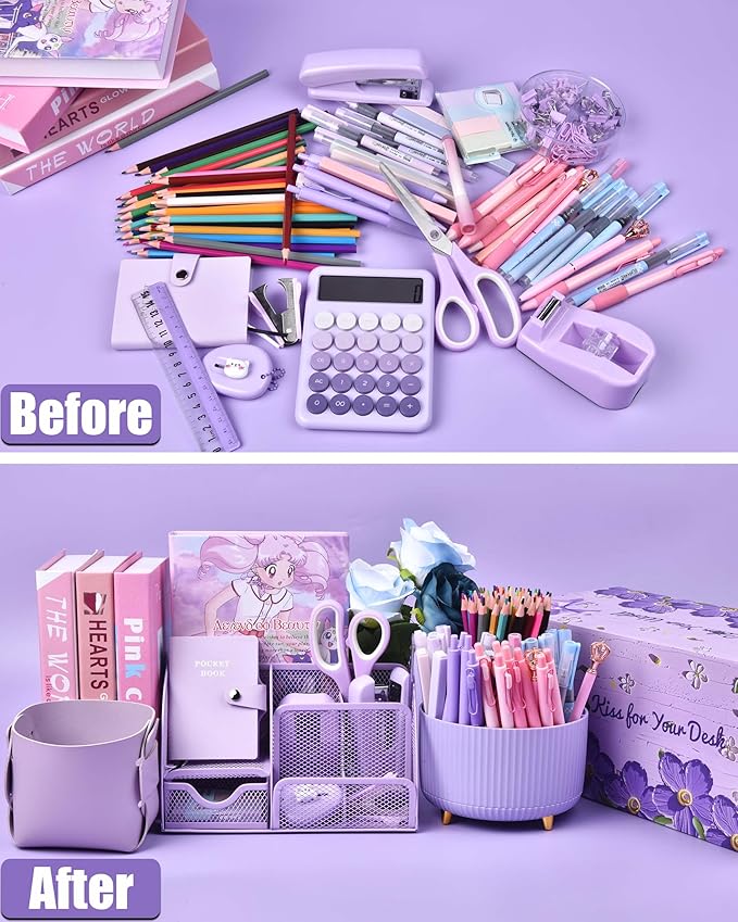 LXEVIHK 21Pcs Purple Desk Organizers and Accessories With Mesh Desk Organizer and 360°Rotating Pen Holder and a Lot of Office Purple Office Supplies Beautifully Presented in a Gift Box