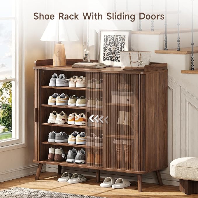 Shoe Cabinet with Sliding Door, 5-Tier Hidden Shoe Rack with Adjustable Shelves, Wooden Shoe Storage Organizer with Open Bottom Space, Freestanding Shoe Shelf for Entryway (Walnut)