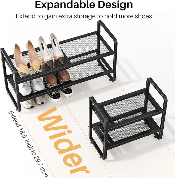 Expandable Metal Shoe Rack for Closet, Entryway & Garage, 2-Tier, Black | Adjustable Height for Boots, Stackable Design, Dense Mesh Shelves for Heels, Fits Small Spaces, Apartments and Rentals